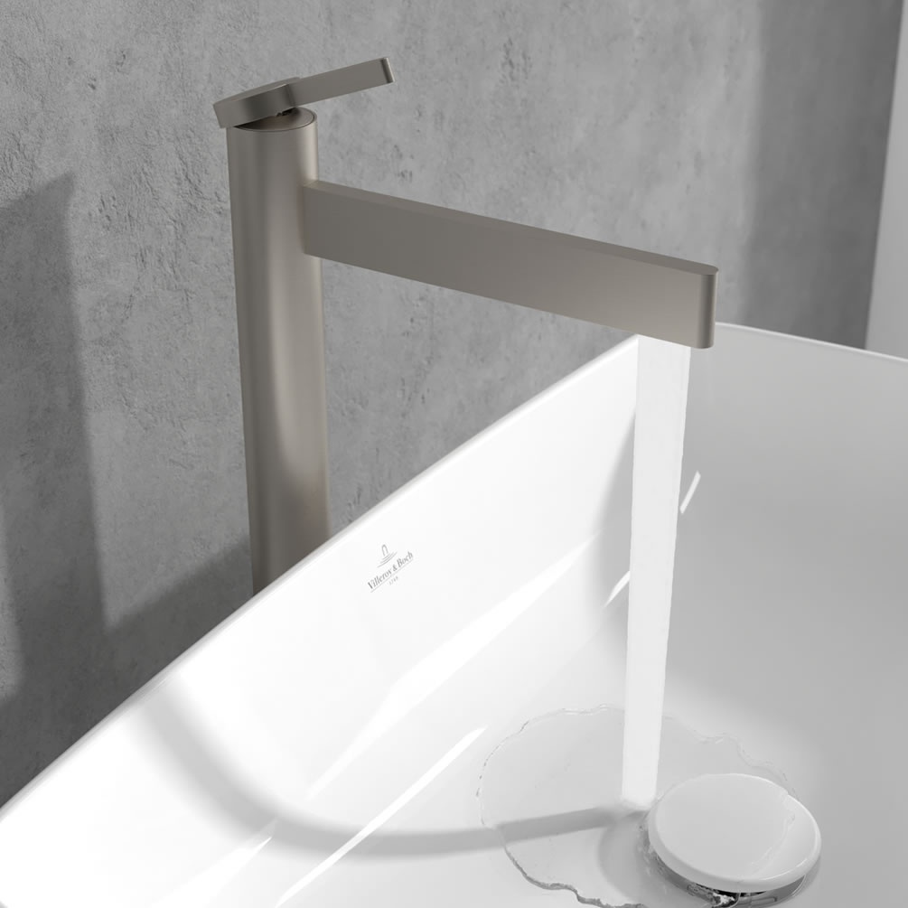 Lifestyle image of Villeroy & Boch Dawn Brushed Nickel Slim Tall Basin Tap